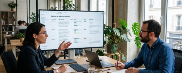 Équipe marketing comparant la visibilité d’une entreprise dans plusieurs assistants IA