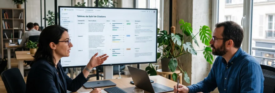 Équipe marketing comparant la visibilité d’une entreprise dans plusieurs assistants IA