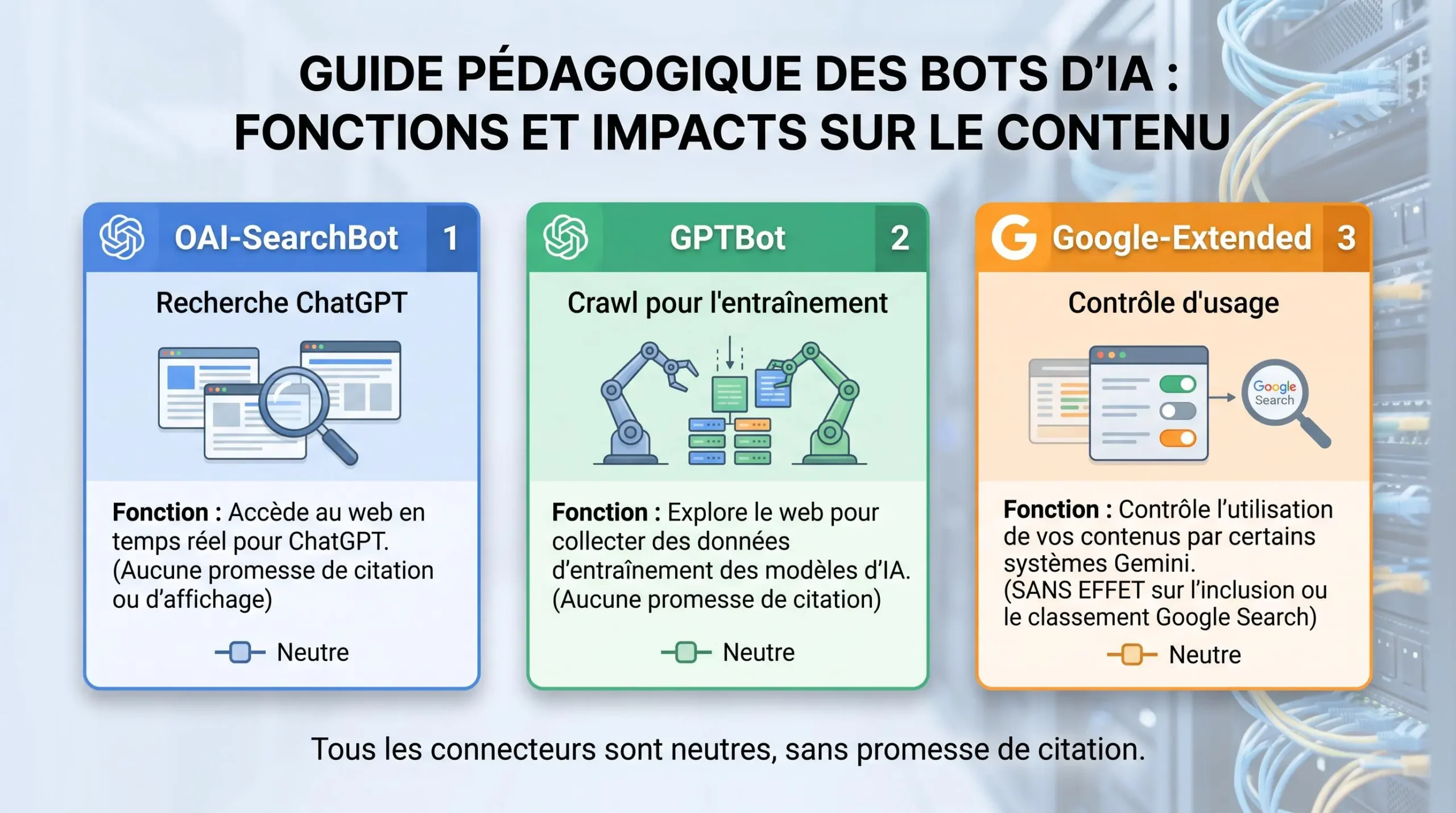 Schéma distinguant OAI-SearchBot, GPTBot et Google-Extended